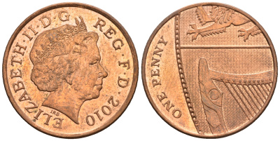 Великобритания 1 пенни 2010 Елизавета II (1952-2022) KM 1107, Spink B6 сталь плакированная медью 4609-721