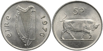 Ирландия 5 пенсов 1976 бык KM 22 медно-никель 4171-233