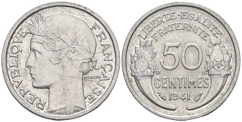 ФРАНЦИЯ 50 САНТИМОВ 1941 ТИП MORLON LOURDE KM 894.1a, LE FRANC 193.2 алюминий 44-229