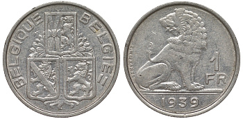 Бельгия 1 франк 1939 Леопольд III (1934-1950), Belgique-Belgie, лев KM 119 никель 4163-157