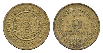 Парагвай 5 сентимо 1947 KM 21 алюминиевая бронза 4674-953