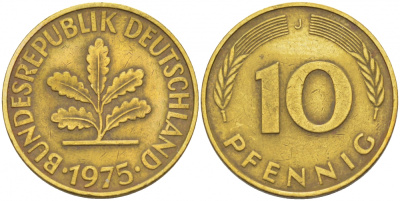 ФРГ 10 ПФЕННИГОВ 1975 J KM 108, J. 383 сталь плакированная латунью 3718-812