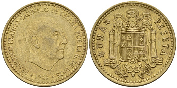 Испания 1 песета 1966 (75) Франциско Франко (1939-1975) КМ 796 алюминиевая бронза 4155-422