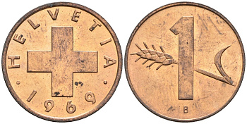 Швейцария 1 раппен 1969 В KM 46 бронза UNC 4588-427