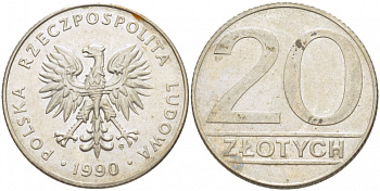 Польша 20 злотых 1990 MW KM 153.2, Parchimowicz 255b медно-никель 213-852