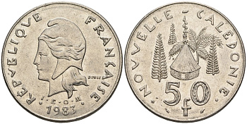 Французская Новая Каледония 50 франков 1983 хижина среди сосен и пальм, (IEOM) KM 13, Schoen 15, Lec 121 никель 4120-625