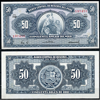 Перу 50 солей 1968 сидящая свобода, Thomas de la Rue, серия H58 Pick 85 a  бумага  UNC (пресс) 451-807-3