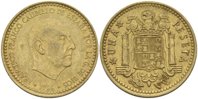 Испания 1 песета 1966 (75) Франциско Франко (1939-1975) КМ 796 алюминиевая бронза 4155-422