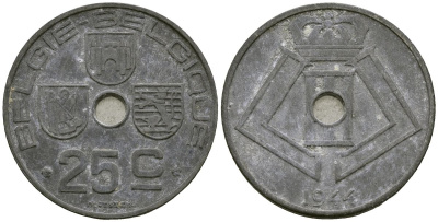 Бельгия 25 сантимов 1944 BELGIE - BELGIQUE KM 132 цинк 4172-133