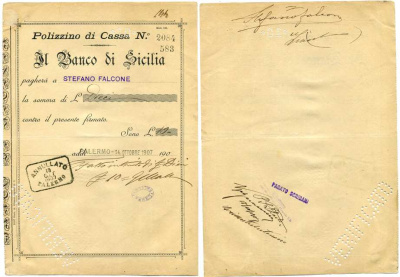 Италия вексель на 10 лир 1907 выдан Banco Di Sicilia, Stefano Falcone в Палермо 14 октября 1907, погашен 19 октября 1907 года в Палермо, Polizzino Di Cassa № 2084583 бумага 6262-47-1