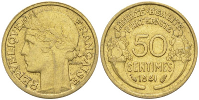 ФРАНЦИЯ 50 САНТИМОВ 1941 ТИП MORLON KM 894.1, LE FRANC 192.18 алюминиевая бронза 44-566