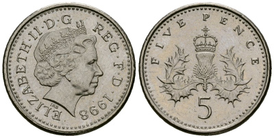 Великобритания 5 пенсов 1998 Елизавета II (1952-2022) KM 988, Spink 4670 (D5)  медно-никель 4173-761