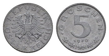 Австрия 5 грошей 1970 KM 2875 цинк UNC 4567-632