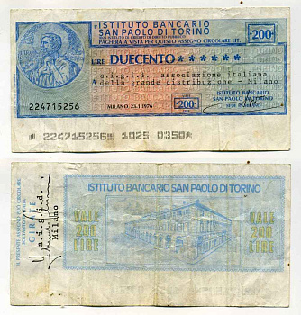 Италия чек на 200 лир 1976 Istituto Bancario san Paolo Di torino, итальянская ассоциация дистрибьюторов Милана, 23 января 1976 Милан бумага 8588-9-4-1