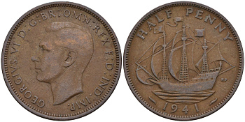 Великобритания 1/2 пенни 1941 Георг VI (1936-1952) KM 844, Spink 4115 бронза 4592-334
