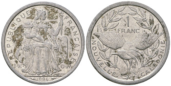 Французская Новая Каледония 1 франк 1994 птица кагу, (IEOM) KM 10, Schoen 10, Lec 52 алюминий 53-1136