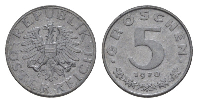 Австрия 5 грошей 1970 KM 2875 цинк UNC 4567-632