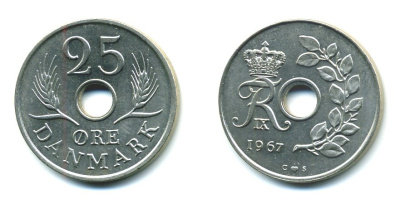 Дания 25 эре 1967 С; S, Фредерик IX (1947-1972) KM 855.1 медно-никель UNC 71-1559