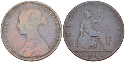 Великобритания 1/2 пенни 1861 Виктория (1837-1901) KM 748.2, Spink 3956 бронза 4543-1136