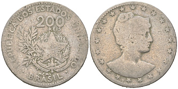 Бразилия 200 реалов 1901 MCMI, голова свободы вправо KM 504 медно-никель 4612-124