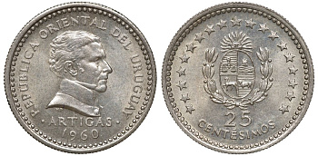 Уругвай 25 сентесимо 1960 KM 40 медно-никель 4169-1038