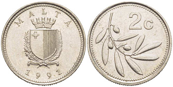 Мальта 2 цента 1991 оливковая ветвь KM 94 медно-никель 218-1226