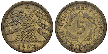Германия 5 рейхспфеннигов 1924 A KM 39, J. 316 алюминиевая бронза 4124-249