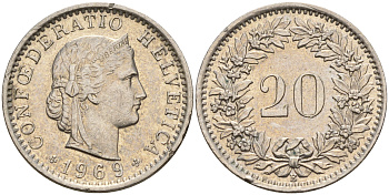 Швейцария 20 раппенов 1969 В KM 29а медно-никель    4153-313