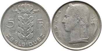БЕЛЬГИЯ 5 ФРАНКОВ 1978 BELGIQUE KM 134.1 медно-никель 65-1147