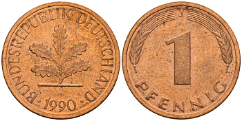 ФРГ 1 пфенниг 1990 J KM 105, J. 380 сталь плакированная медью    4598-662