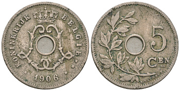 Бельгия 5 сантимов 1906 Belgie, Леопольд II (1865-1909) KM 55 медно-никель 4385-618