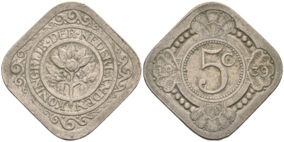 Нидерланды 5 центов 1939 Вильгельмина (1890-1948) KM 153 медно-никель 4585-1115