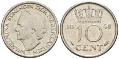 Нидерланды 10 центов 1948 Вильгельмина (1895-1948) KM 177 никель 214-1129