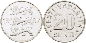 ЭСТОНИЯ 20 ЦЕНТОВ 1997 KM 23a сталь плакированная никелем 66-729