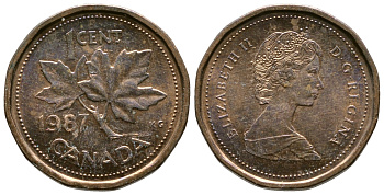Канада 1 цент 1987 Елизавета II (1952-2022), кленовый лист KM 132 бронза 46-2657