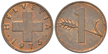Швейцария 1 раппен 1973 KM 46 бронза aUNC 4115-1125