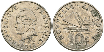Французская Новая Каледония 10 франков 2012 рыбачья парусная лодка, (IEOM) KM 11a, Schoen 13a, Lec 99k медно-никель 65-937