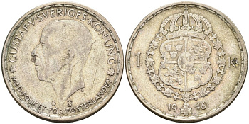 Швеция 1 крона 1946 TS, Густав V (1907-1950) KM 814 серебро 3457-823