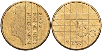 Нидерланды 5 гульденов 1988 Беатрикс (1980-2013) KM 210 никель плакированная бронзой 4153-1245