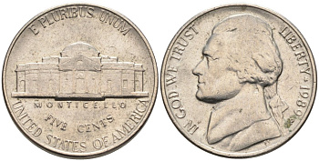 США 5 центов 1989 P, Джеферсон КМ А192 медно-никель 4573-145