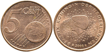 Нидерланды 5 евроцентов 2008 KM 236 сталь плакированная медью UNC 259-647