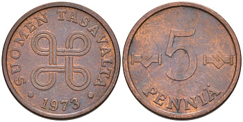 Финляндия 5 пенни 1973 KM 45 медь 4564-869
