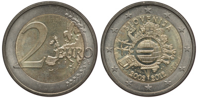 СЛОВЕНИЯ 2 ЕВРО 2012 10 ЛЕТ НАЛИЧНОМУ ЕВРО KM 107 биметалл 4384-636