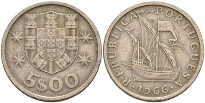 Португалия 5 эскудо 1966 парусник KM 591 медно-никель 4126-617