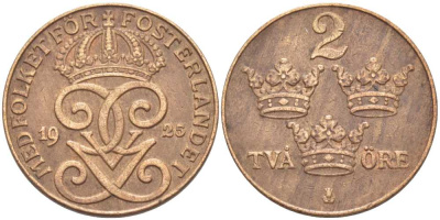 Швеция 2 эре 1925 Густав V (1907-1950) KM 778 бронза 119-1013