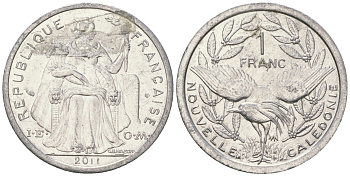 Французская Новая Каледония 1 франк 2011 птица кагу, (IEOM) KM 10, Schoen 10 алюминий 36-424