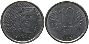 Бразилия 10 сентаво 1995 KM 633, Schon 142 нержавеющая сталь 4519-812