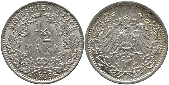 ГЕРМАНИЯ 1/2 МАРКИ 1909 A KM 17, J. 16, Weege 16 серебро 4448-825