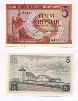 Исландия 5 крон 1957 Ингольф Арнарсон, Бессастадир, белая бумага Pick 37 b бумага UNC (пресс) 7553-30-3-1