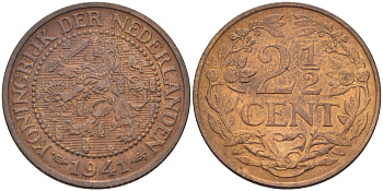 НИДЕРЛАНДЫ 2 1/2 ЦЕНТА 1941 ВИЛЬГЕЛЬМИНА KM 150 бронза 31-1012